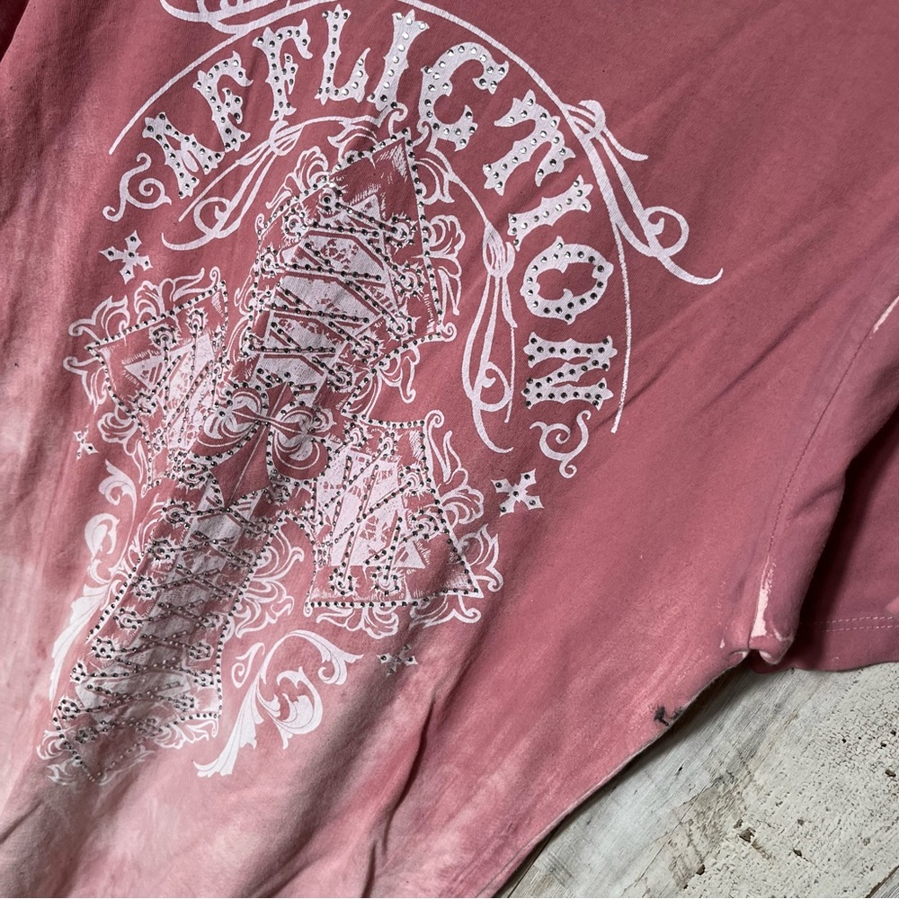Y2K Affliction Pink White Rhinestone Grunge Painted Thrashed Womens Medium - Picture 3 of 7